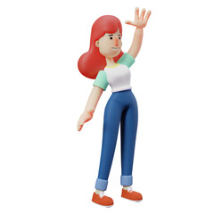  3D illustration. 3D Cartoon Illustration of Cute Girl character waving hand. has a beautiful smile. featuring long, thick hair. 3D Cartoon Character