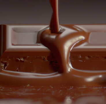 Image of close up of melting chocolate bar on brown background created using Generative AI technology