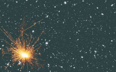Burning sparkler on abstract snowy background. Happy new year. 3d illustration