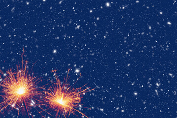 Burning sparklers on abstract snowy background. Happy new year. 3d illustration