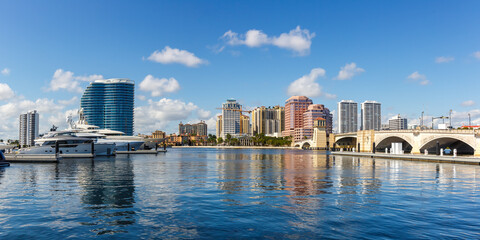 Royal Park Bridge with marina and skyline panorama in West Palm Beach, USA