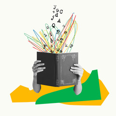 Contemporary art collage. Male hands holding book with letters appearing over. Interesting story...