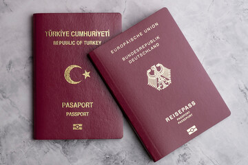 Turkish and German passports standing on top of each other. Dual nationality. Obtaining German...
