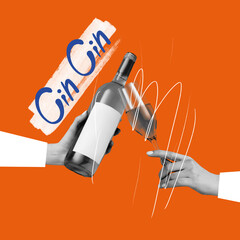 Contemporary art collage. Female hands clinking wine glass and bottle over orange background....