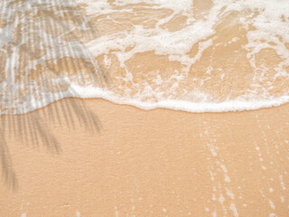 Beach and white waves lapping ashore. Blurred silhouettes of palm or coconut leaves left.