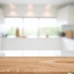 Empty top wood table for product or food montage in blurred modern kitchen room background