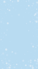 Naklejka na ściany i meble Falling snowflakes christmas background. Subtle flying snow flakes and stars on light blue winter backdrop. Beautifully falling snowflakes overlay. Vertical vector illustration.