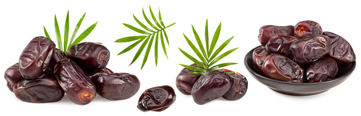 date fruits with green leaves isolated on white background. clipping path
