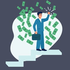 Hope to success in business, accomplishment or reaching business goal, reward and motivation concept, smart confident businessman climb up stair to the top to reaching to grab precious star reward.