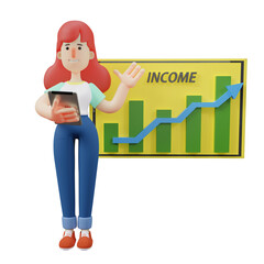 3D illustration. Smart 3D Cute Girl Cartoon explains table chart. holding tablet in hand. put on a serious expression. 3D Cartoon Character