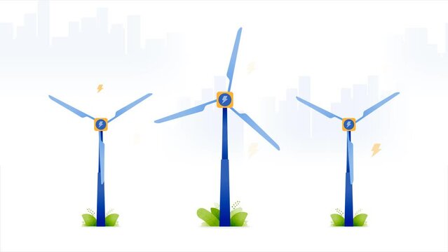 2d motion loop animation video of windmills catch wind and turn it into electricity. sustainable eco friendly energy with zero carbon emission more. can be for advertisements, apps and websites