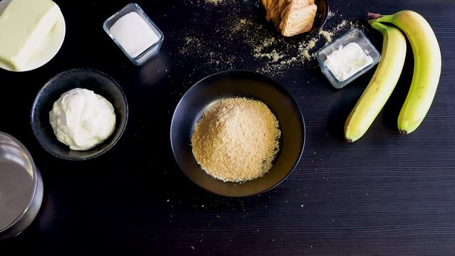 Cooking Banoffi cake at home in the kitchen, pastry recipe.