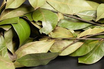 Dry bay leaves close up. Dried laurel leaf seasoning