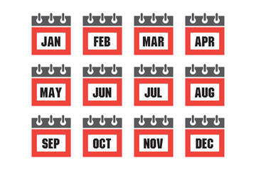 12 month calendar icon set, colored badges for all months of the year.Vector. Illustrtion.