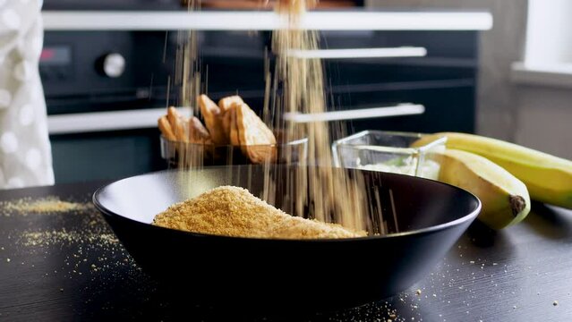 Cooking Banoffi cake at home in the kitchen, pastry recipe.