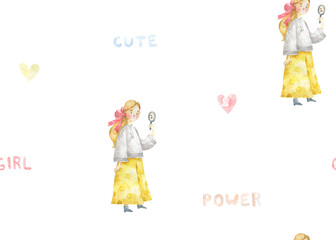cute seamless pattern, femen illustraion, cute watercolor illustration