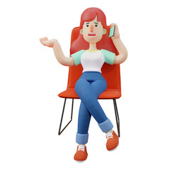    3D illustration. Cute Girl 3D character design sitting on a red chair. with the pose of being on the phone. with an elegant pose. 3D Cartoon Character