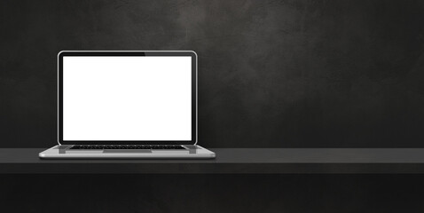 Laptop computer on black shelf background banner