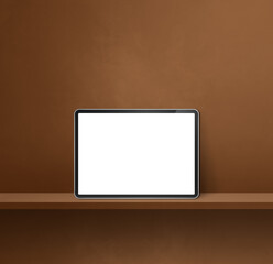 Digital tablet pc on brown wall shelf. Square background banner