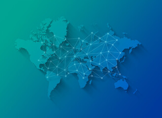 World map and digital network illustration on a blue background