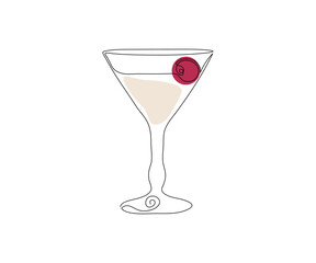 a wine glass with a martini or cocktail. Drawn by hand with a monoline. One line art