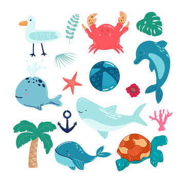 Cartoon sea animals. Cute ocean fish, octopus, shark and turtle, jellyfish, crab and seal. Underwater wildlife creatures vector illustration set.