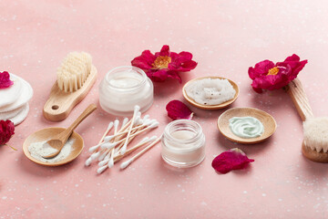 skincare products and dog rose flowers. zero waste eco friendly natural cosmetics for home spa