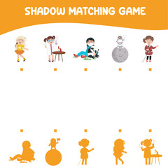Fototapeta premium Find the correct shadow. Shadow matching game printable worksheet. Kids educational game. Cute adorable kids profession dream. Kawaii Vector illustration file. Cute cartoon characters. 