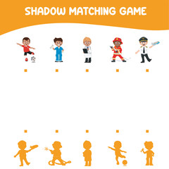 Find the correct shadow. Shadow matching game printable worksheet. Kids educational game. Cute adorable kids profession dream. Kawaii Vector illustration file. Cute cartoon characters. 