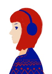 a girl with red hair wearing headphones