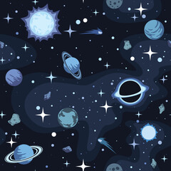 Space seamless pattern background. Planets, stars, asteroids, black hole in outer space. Vector illustration. © Алексей Панков