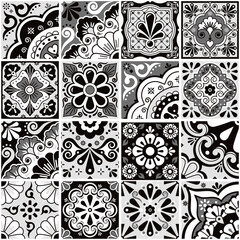 Mexican talvera ceramic tiles set black, gray and white with decor, flowers, leaves and swirls perfect for wallpaper, home decor, textile or fabric print
