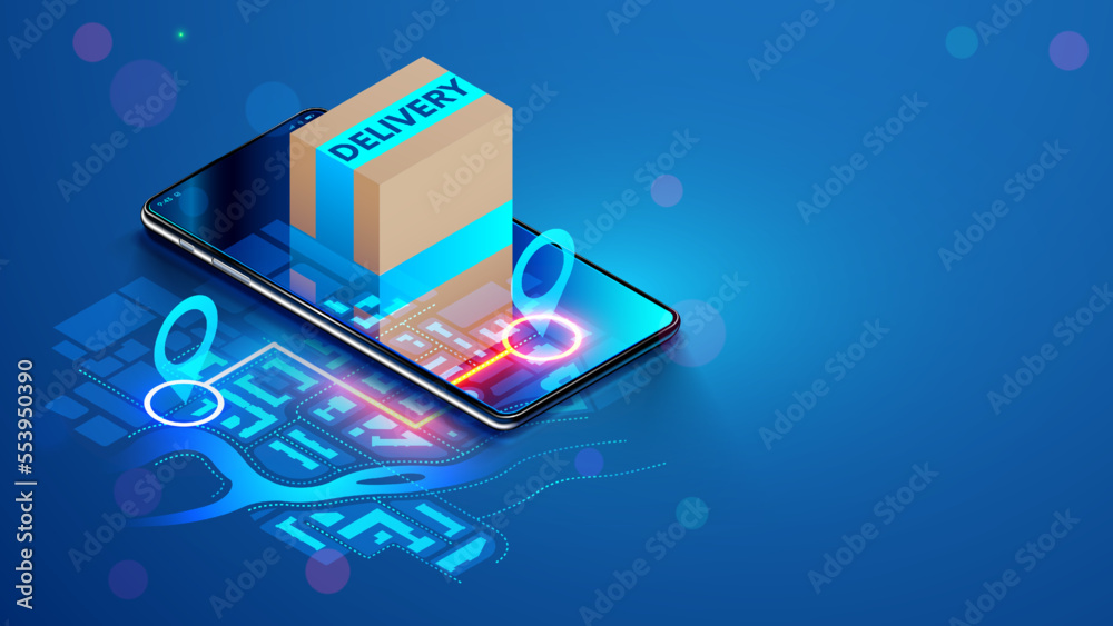 Aufkleber tracking delivery online order in phone app. show location courier on map on screen smartphone. gps 