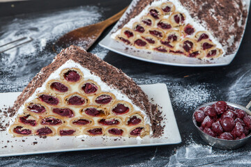 A traditional Moldavian dessert or cake consisting of pancakes with cherry, milk creme and chocolate creme also called Cosma lui Guguta.