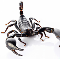 Image of close up of black scorpion on white background created using Generative AI technology