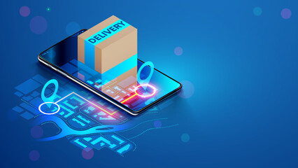 Tracking delivery online order in phone app. Show location courier on map on screen smartphone. GPS tracking shipping box package. Box with order pops out of phone screen. Online logistics concept.