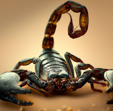 Image of close up of black scorpion on brown background created using Generative AI technology