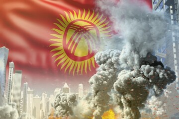 big smoke column with fire in the modern city - concept of industrial disaster or terrorist act on Kyrgyzstan flag background, industrial 3D illustration