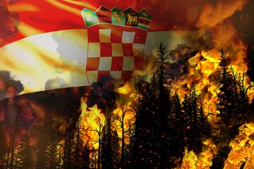 Forest fire natural disaster concept - burning fire in the trees on Croatia flag background - 3D illustration of nature
