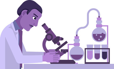 Scientist At Microscope Lab Test Bench And Beakers
