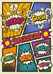レトロ風アメコミ風コマ割り素材 Retro pop art comics book magazine, speech bubble, balloon, box message	, Super Hero. - obrazy, fototapety, plakaty