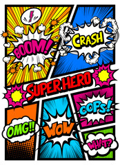 アメコミ風コマ割り素材 Retro pop art comics book magazine, speech bubble, balloon, box message	, Super Hero.