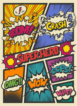 レトロ風アメコミ風コマ割り素材 Retro pop art comics book magazine, speech bubble, balloon, box message	, Super Hero.