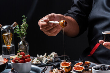 Set Bruschettas with figs and goat cheese, Blue cheese and nuts, onion jam, fresh thyme, honey on grilled crusty bread, tasty appetizer wine, banner, catering menu recipe