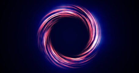 Looped twirl circle of stripes and lines of bright purple beautiful magical energy glowing neon, round frame. Abstract background