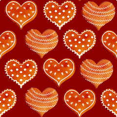 Hand drawn watercolor seamless pattern with Christmas gingerbread cookies, candies, heart