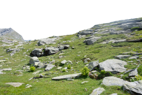 Isolated PNG cutout of a mountain in summer in the Alps on a transparent background, ideal for photobashing, matte-painting, concept art
