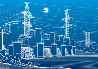 Hydro power plant. River Dam. Renewable energy sources. High voltage transmission systems. Electric pole. Power lines. City infrastructure industrial illustration. Vector design art - 553953165