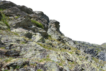 Fototapeta na wymiar Isolated PNG cutout of a mountain in summer in the Alps on a transparent background, ideal for photobashing, matte-painting, concept art