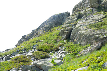 Isolated PNG cutout of a mountain in summer in the Alps on a transparent background, ideal for photobashing, matte-painting, concept art